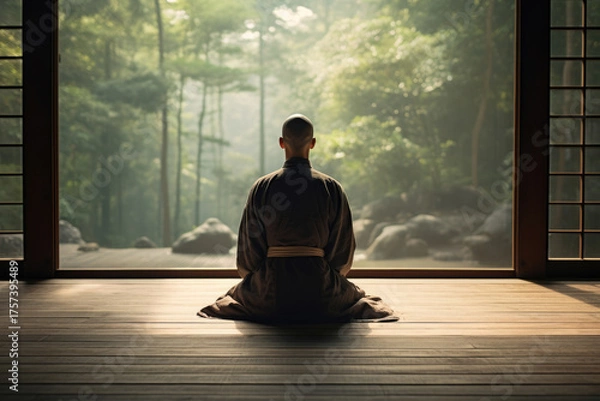 Obraz 禅僧が自然の中で静かに座禅を組む、光と静寂に包まれた瞑想の情景