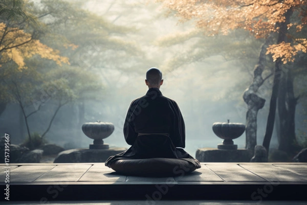 Obraz 禅僧が自然の中で静かに座禅を組む、光と静寂に包まれた瞑想の情景