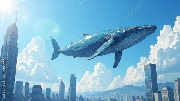 Fototapeta Giant whale floating in the sky over skyscrapers