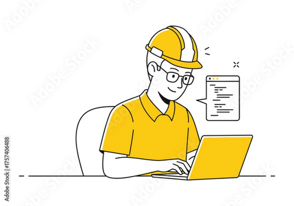 Obraz An engineer or architect with a laptop and hardhat is working at a construction site