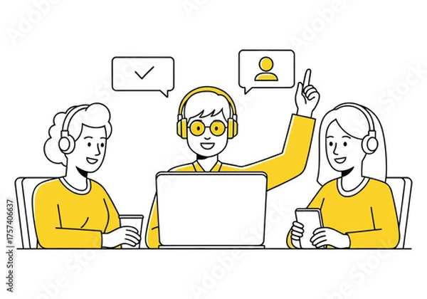 Obraz Cartoon vector illustration of a girl working on a laptop in an office setting