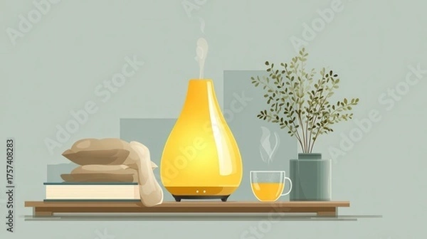 Obraz Mindful Breathing Lamp: Bedside nightstand scene with smart breathing lamp displaying slow inhale-exhale light patterns alongside sleep journal and herbal tea in serene bedroom setting  
