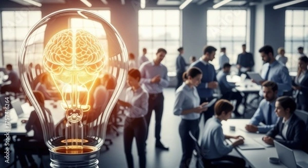Fototapeta A group of people working in a modern office with a glowing light bulb in the foreground.