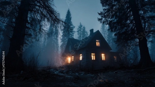 Fototapeta Haunted house in the woods with spooky glowing windows