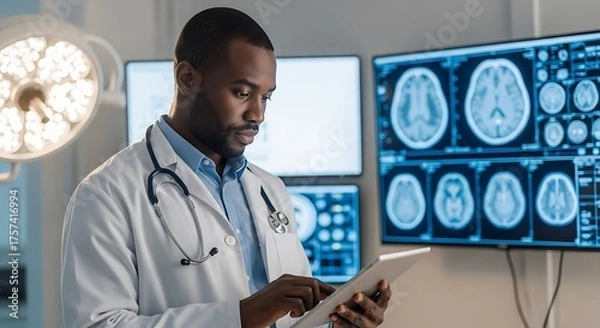 Fototapeta Focused Doctor Examining Medical Data on Tablet in Modern Hospital Setting for Diagnosis and Treatment Planning