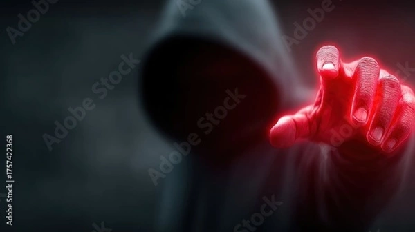 Fototapeta A shadowy figure in a hood reaches out with a glowing red hand against a dark background, evoking a sense of mystery and intrigue.