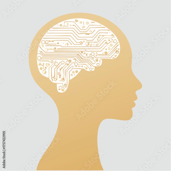 Fototapeta Stylized Human Head with Circuit Brain Representing Artificial Intelligence, Digital Cognition, and Tech-Enhanced Thinking