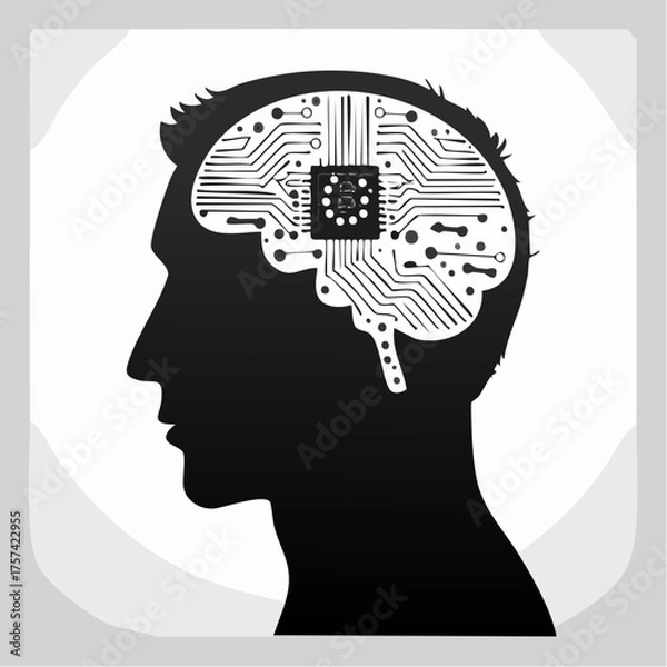 Fototapeta Stylized Human Head with Circuit Brain Representing Artificial Intelligence, Digital Cognition, and Tech-Enhanced Thinking
