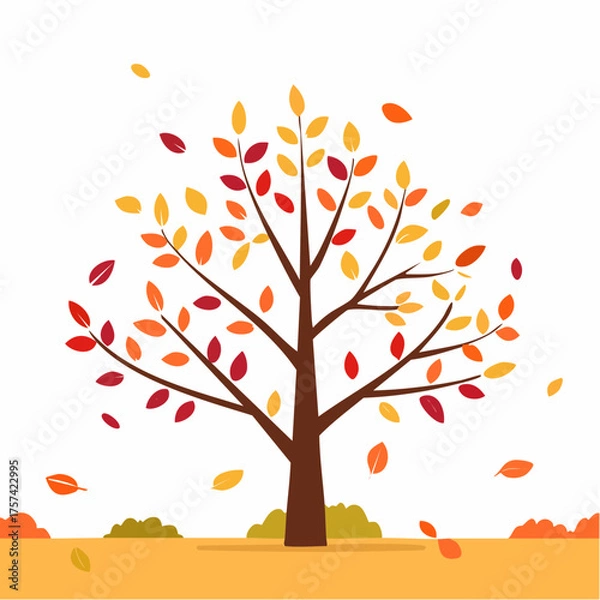 Fototapeta Stylized Autumn Tree with Falling Leaves in Orange, Red, and Yellow on White Background Representing Seasonal Change