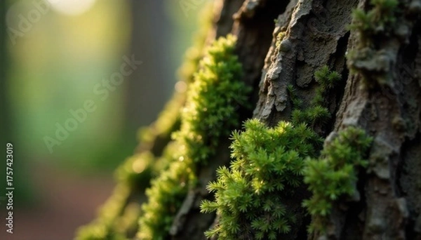 Obraz Close up of mossy tree bark with dew drops, intricate textures, macro detail A highly detailed macro photograph of mossy tree bark. Tiny dew drops glisten on the vibrant green moss, highlighting the