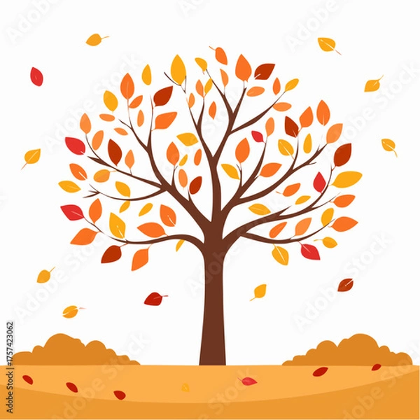 Fototapeta Stylized Autumn Tree with Falling Leaves in Orange, Red, and Yellow on White Background Representing Seasonal Change