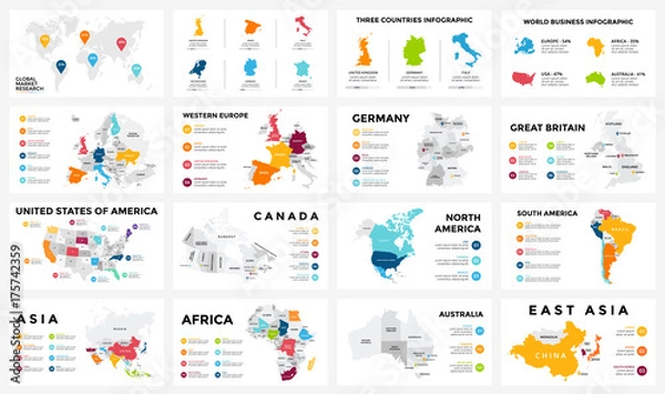 Obraz Infografika map wektorów. Prezentacja slajdów. Globalna koncepcja marketingu biznesowego. Kolorowy kraj. Światowe dane geograficzne transportu. Szablon statystyki ekonomicznej. Świat, Ameryka, Afryka, Europa, Azja
