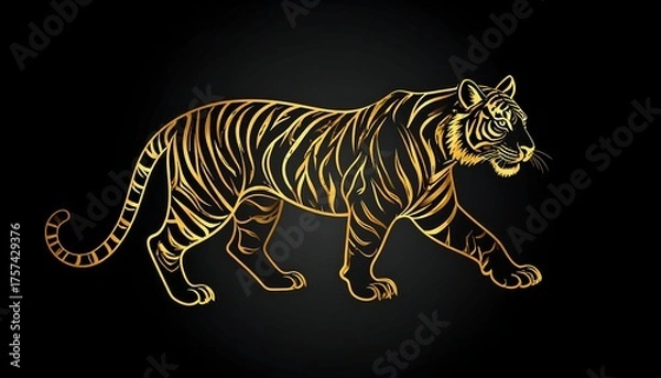 Fototapeta Elegant golden outline of a tiger, walking on a black backdrop