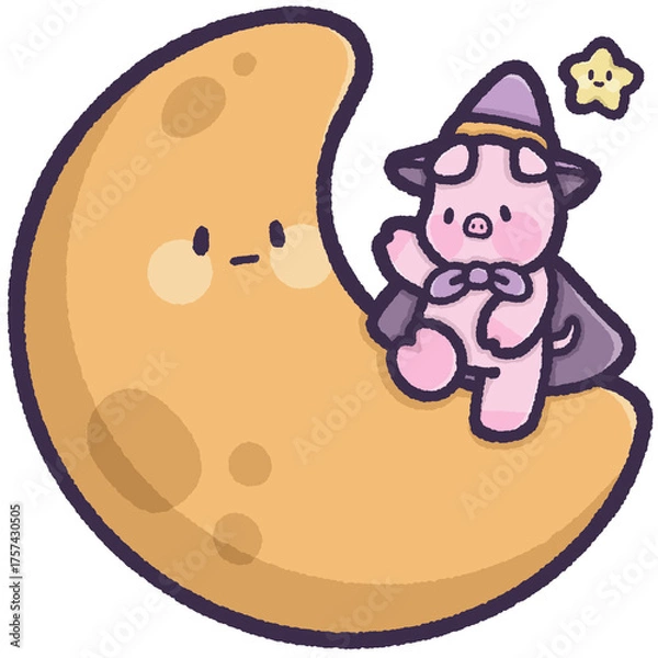 Fototapeta Witch pig on the moon with little star