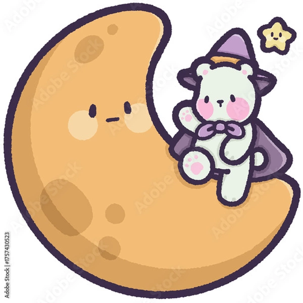 Fototapeta Witch polar bear on the moon with little star