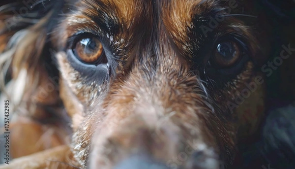 Fototapeta Close-Up Portrait of a Dog's Expressive Eyes Showcasing Depth and Emotion Against a Blurred Background