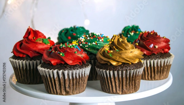 Fototapeta Colorful Cupcakes Decorated with Frosting in Red Green and Gold on White Cake Stand with Lights