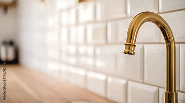 Fototapeta A modern kitchen faucet stands out against a backdrop of sleek white tile, showcasing minimalist elegance and functionality. Its warm, golden tone adds a touch of luxury.