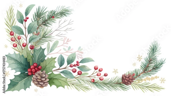 Fototapeta Christmas corner arrangement with pine branches, holly, and berries
