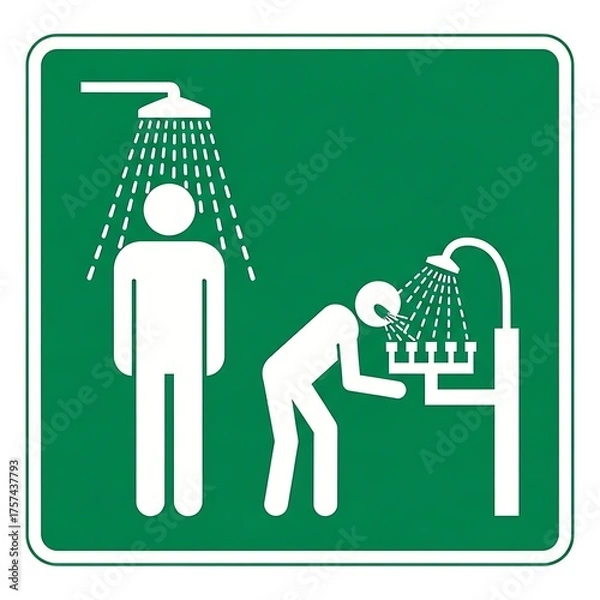 Fototapeta Emergency eyewash station and safety shower sign for workplace safety and first aid guidance