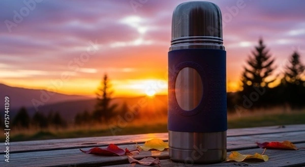 Fototapeta Golden Hour Warmth: A Thermos Flask Amidst Autumn Leaves at a Scenic Mountain Viewpoint