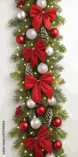 Fototapeta Vertical Christmas Garland with Red Bows and Ornaments