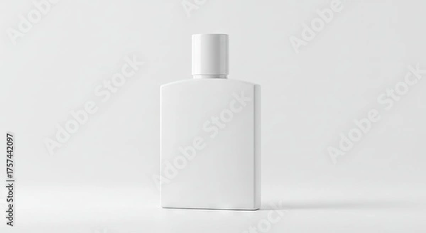Fototapeta A sleek white rectangular bottle stands on a neutral reflective surface against a uniform bright background