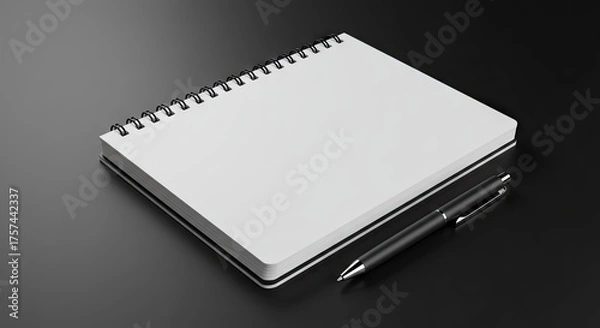 Fototapeta A spiral notebook with blank white pages rests beside a black pen on a dark surface