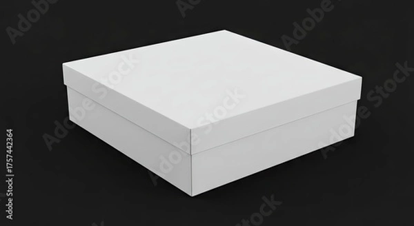 Fototapeta A square white box rests on a solid black surface its lid neatly covering the base