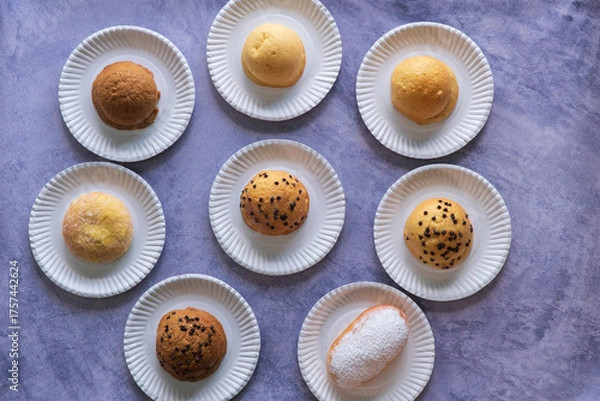 Fototapeta Modern bakery with many ingredients such as wheat flour, sugar, eggs, grains, fruit, butter, milk.