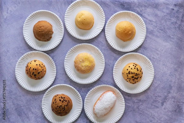 Fototapeta Modern bakery with many ingredients such as wheat flour, sugar, eggs, grains, fruit, butter, milk.