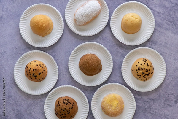 Fototapeta Modern bakery with many ingredients such as wheat flour, sugar, eggs, grains, fruit, butter, milk.