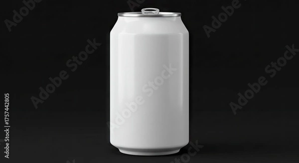 Fototapeta A tall white aluminum can stands centered against a matte black backdrop The can has a silver top and pull tab