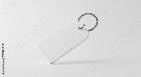 Fototapeta A tilted white keychain with a silver ring casting a shadow on a neutral background