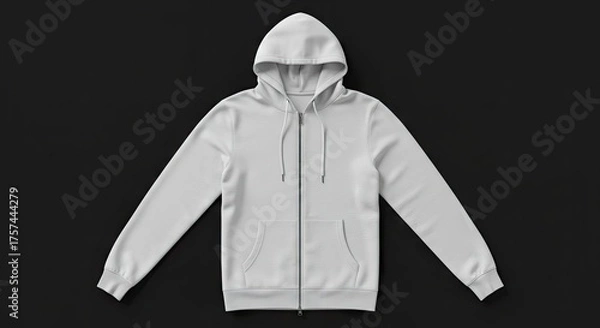 Obraz A white zipup hoodie with a hood laid out on a black surface