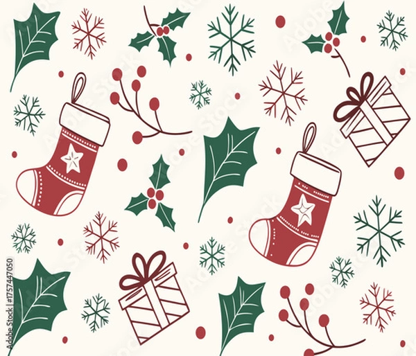 Obraz Christmas Seamless Pattern with Stockings, Holly Leaves, Gifts, and Snowflakes
