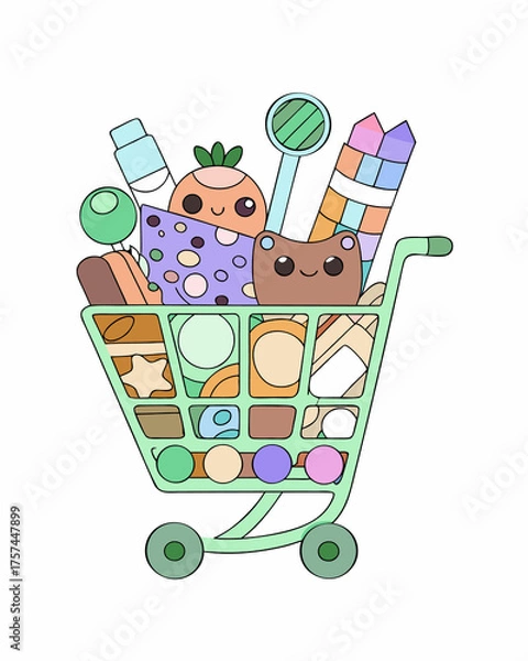 Obraz Shopping cart filled with groceries and gifts icon vector illustration