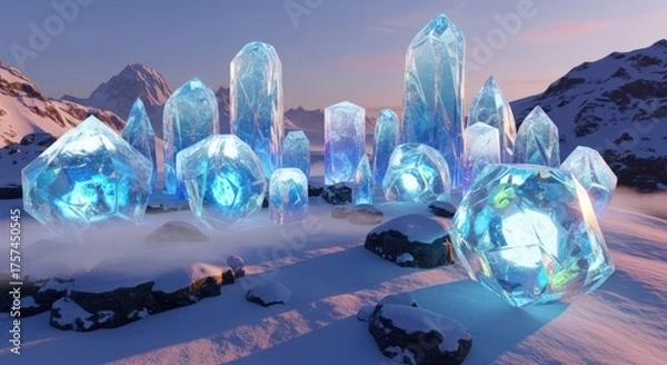 Fototapeta Luminous Ice Crystals in Snowy Landscape, Fantasy Scene, Glowing Gems, Mountains.