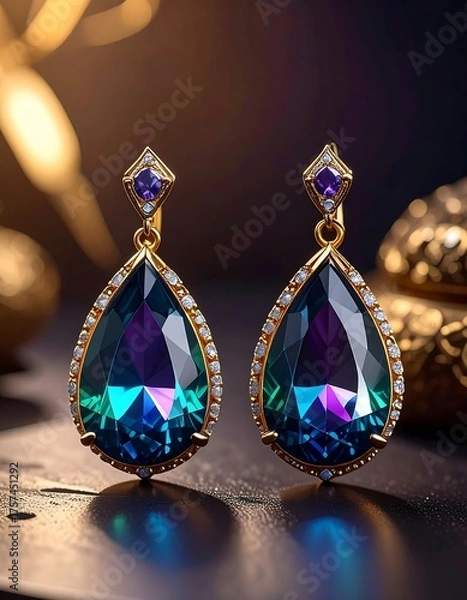 Fototapeta Elegant pair of gold earrings with shimmering teardrop gemstones
