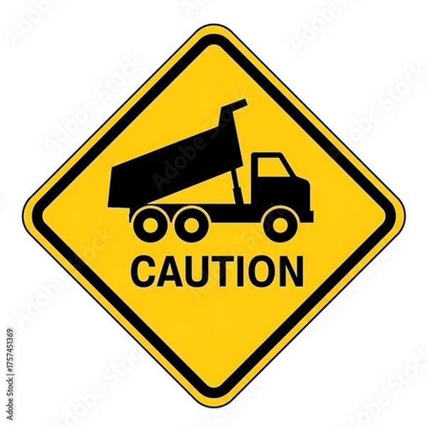 Fototapeta Caution dump truck sign yellow diamond construction safety warning road work ahead vector graphic