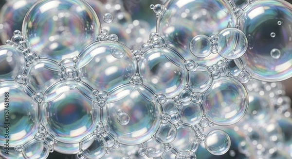 Fototapeta Macro View of Iridescent Soap Bubbles Forming a Complex Network