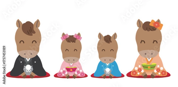 Obraz 着物姿のかわいい干支シリーズ　午年/主線なし　和装で正座でご挨拶をする家族＿にっこり目（笑顔）
