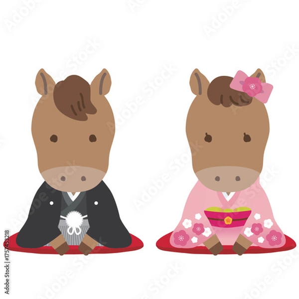 Obraz 着物姿のかわいい干支シリーズ　午年/主線なし　和装で正座でご挨拶をする男女カップル
