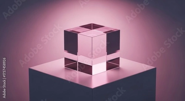 Fototapeta Geometric Pink Cube on Pedestal: Minimalist Abstract Composition, Soft Lighting.