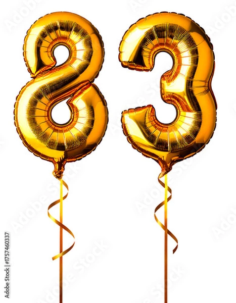 Fototapeta 数字の83の形の金色の風船とリボン（Number 83 gold foil balloon on white background）

