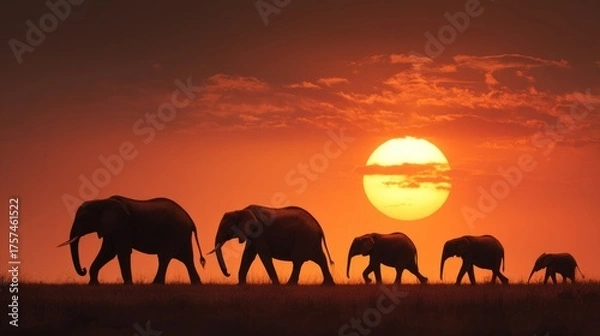 Obraz Silhouetted Elephant Family Walking Towards Sunset, African Savannah Scene.