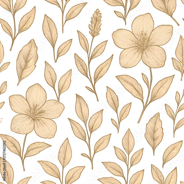 Fototapeta Floral Pattern with Delicate Flowers and Leaves in Warm Beige Tones.