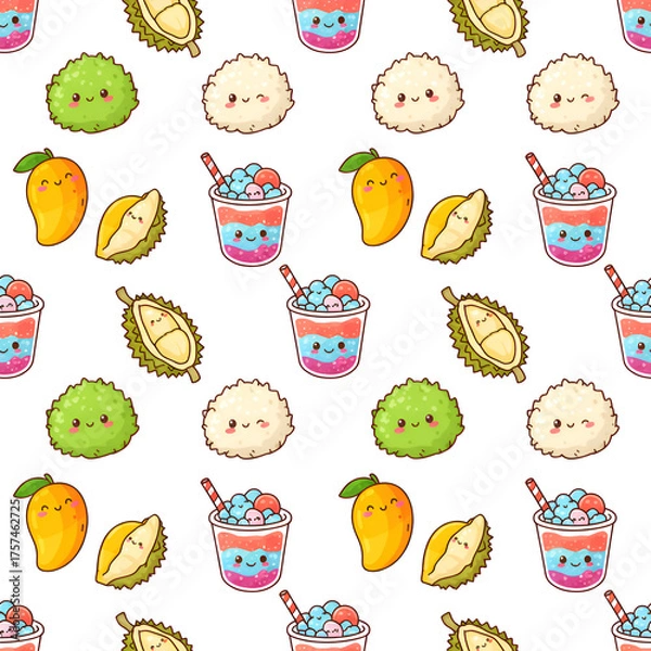 Fototapeta Kawaii Food Pattern with Mango Durian and Dessert Illustrations.
