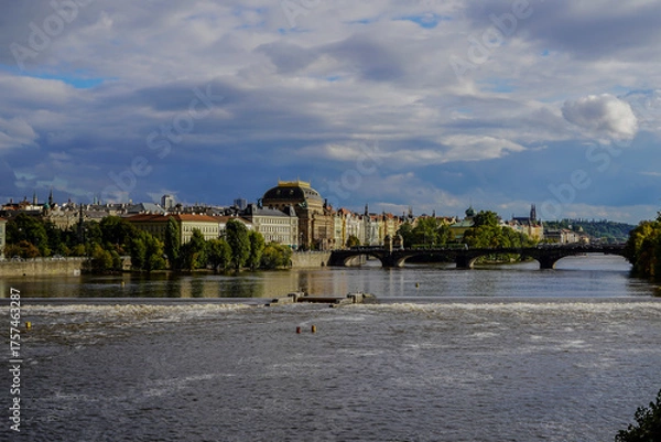 Fototapeta Beautiful Aerial view of Pragues National Theatre (Národní divadlo) at night with view of the city and the Vltava