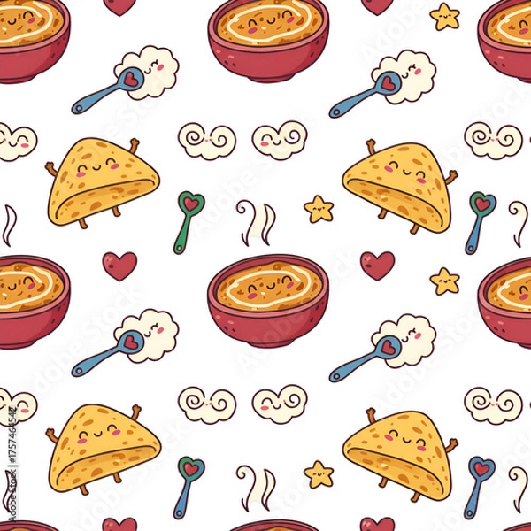 Fototapeta Seamless Pattern with Cute Food Characters and Decorative Elements.